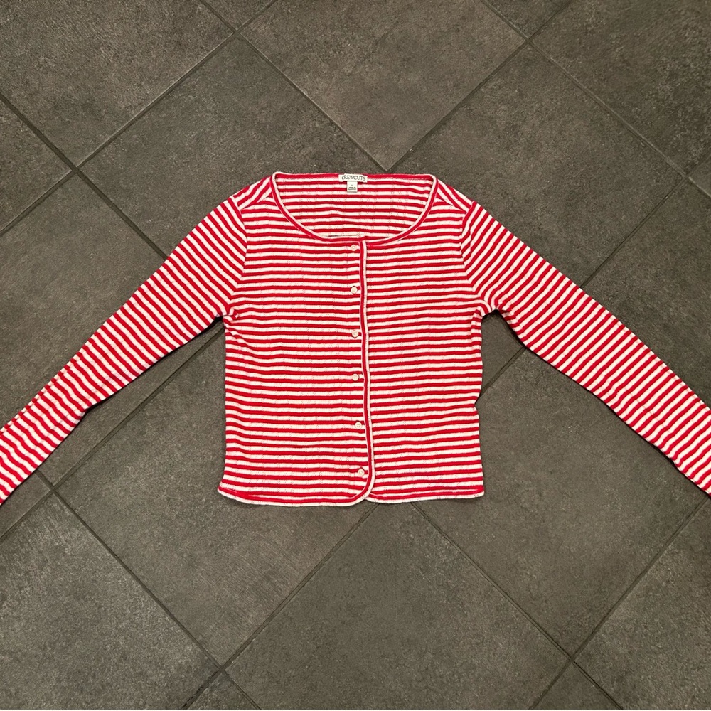 Crewcuts Girls Red and White Striped Cardigan Pointelle Sweater